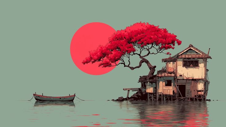 Crimson Bonsai Sanctuary - Fantasy metal wall art plate