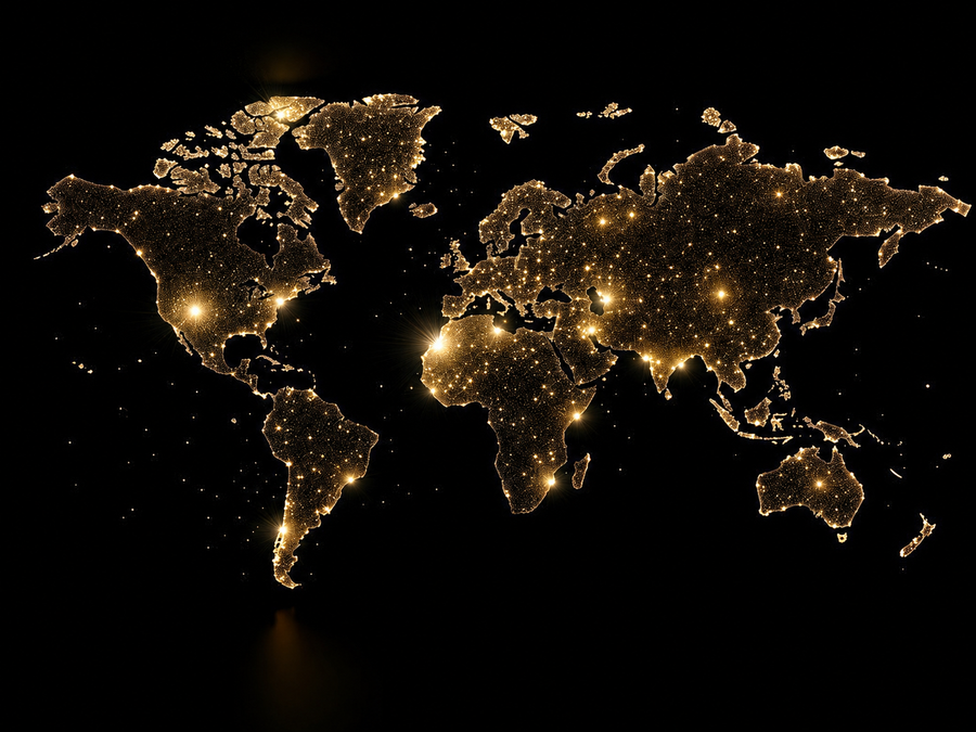 Golden World at Night - World metal wall art plate