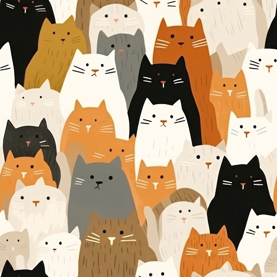 A Great Many Cats - cats packed edge to edge in cream, rust, grey and black, every one staring straight out, on a metal wall art plate