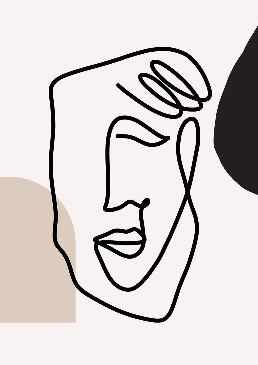 Abstract Face Linework - a simplified face is drawn with bold black continuous lines over soft cream and neutral geometric shapes