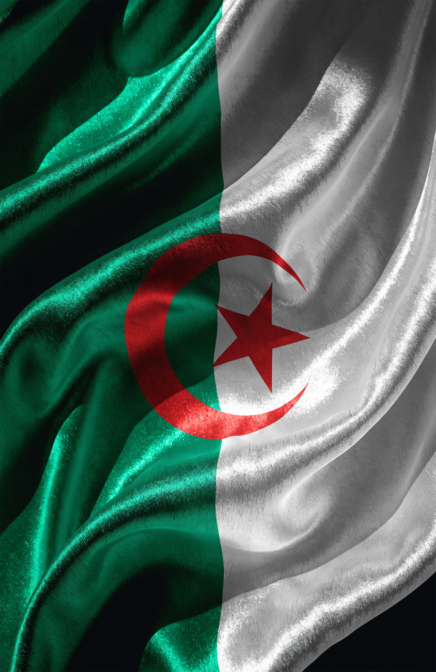 The Algerian flag ripples across green and white satin, the red crescent and star held at the join