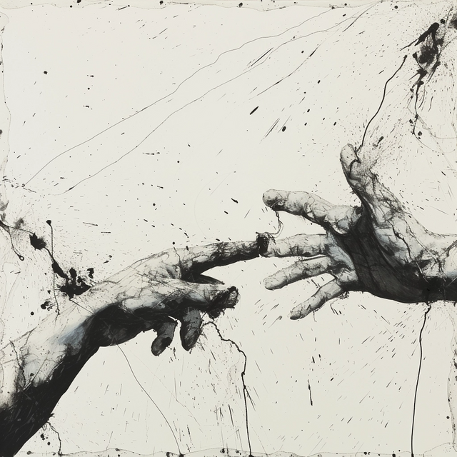 Almost Touching - two hands reaching for each other in spattered ink, fingertips not quite meeting, on a metal wall art plate