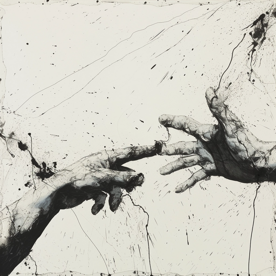 Almost Touching - two hands reaching for each other in spattered ink, fingertips not quite meeting, on a metal wall art plate