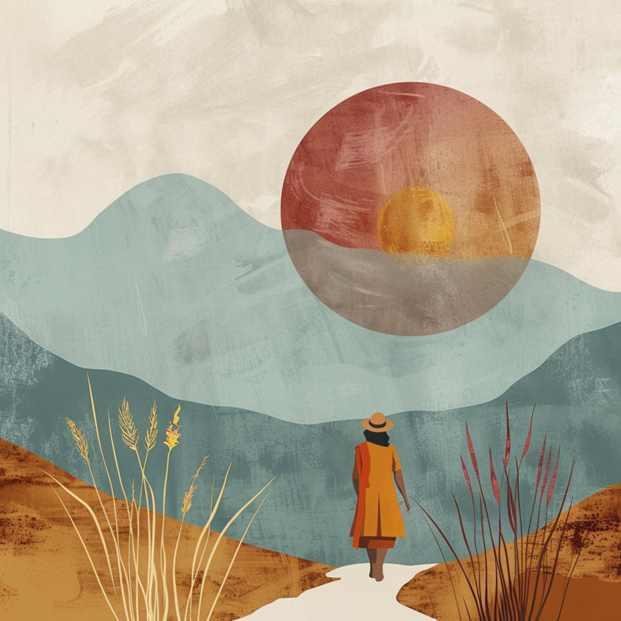 Amber Mountain Journey - a solitary traveller walks toward layered blue-green mountains beneath overlapping amber and rust suns