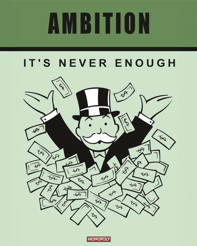Ambition – It's Never Enough - aMBITION — “It's never enough” — in the style of a vintage board-game card, olive green, with, on a metal wall art plate
