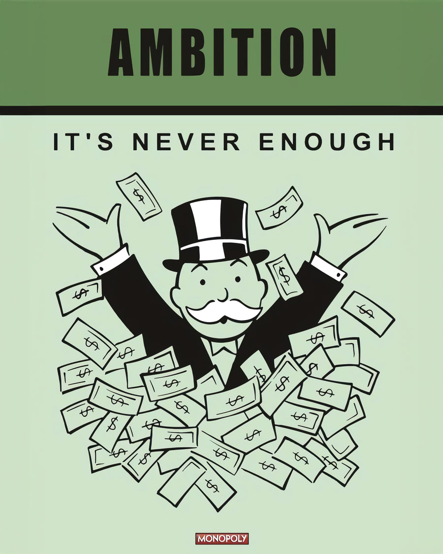 Ambition – It's Never Enough - aMBITION — “It's never enough” — in the style of a vintage board-game card, olive green, with, on a metal wall art plate