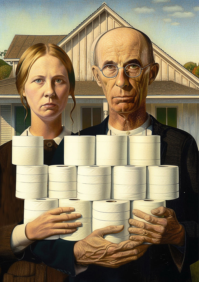 American Gothic – Supplies - the farmer and his daughter, pitchfork swapped for a stack of toilet rolls, on a metal wall art plate