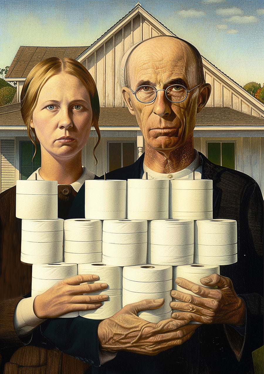 American Gothic – Supplies - the farmer and his daughter, pitchfork swapped for a stack of toilet rolls, on a metal wall art plate