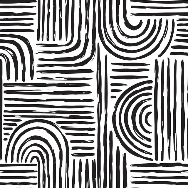 Arch Stripes - hand-drawn arches and stripes tiling the frame in black on white, on a metal wall art plate