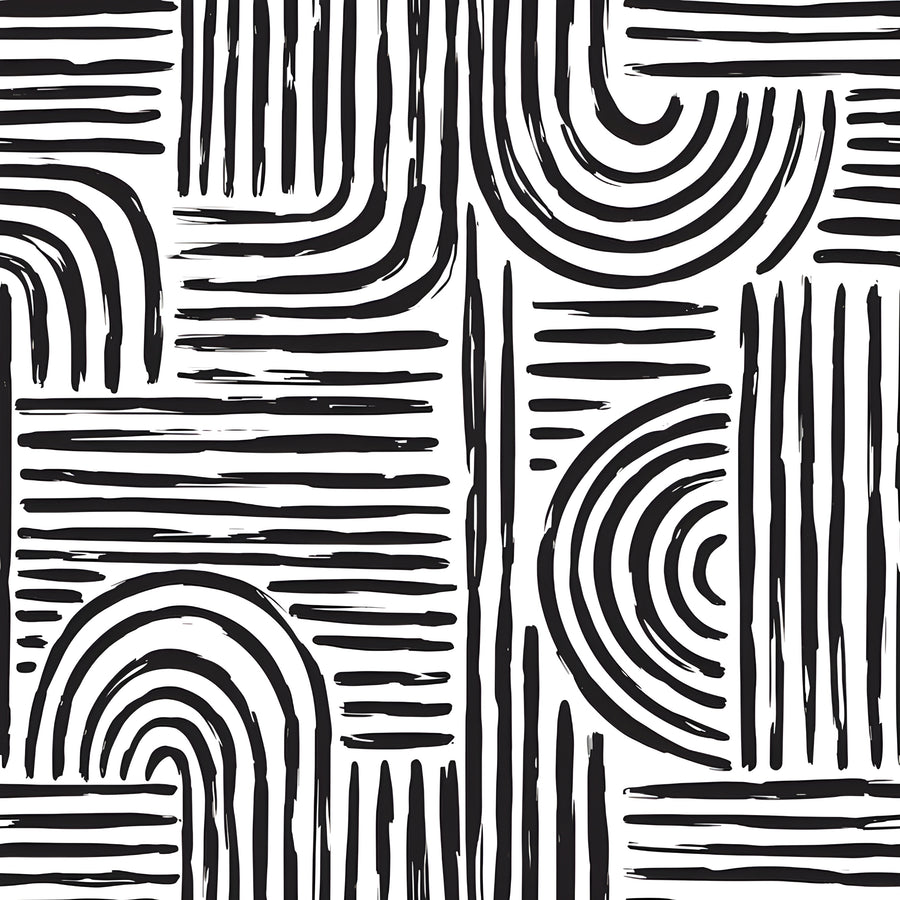 Arch Stripes - hand-drawn arches and stripes tiling the frame in black on white, on a metal wall art plate