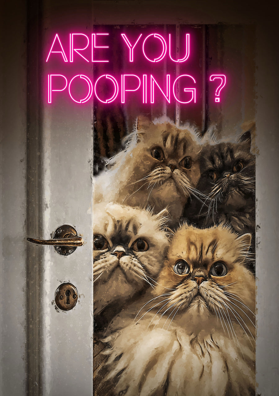 Are You Pooping? - a crowd of flat-faced cats piling round a door, the question in pink neon, on a metal wall art plate