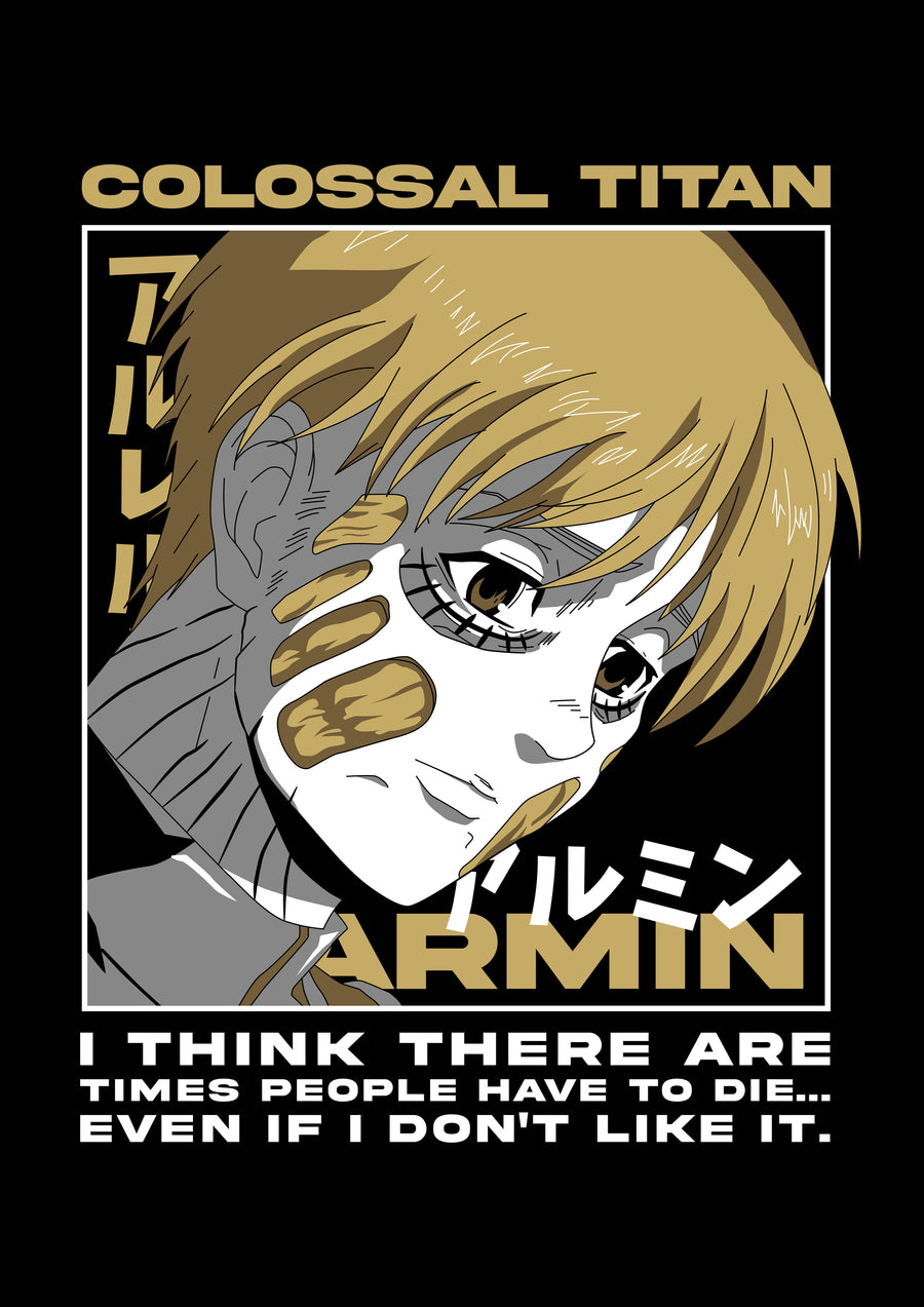 Armin Arlert – Among the Titans - armin half transformed into the Colossal Titan, captioned about hard choices, on a metal wall art plate