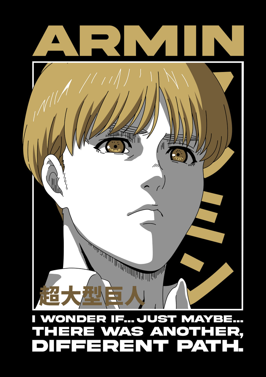 Armin Arlert – Portrait - armin in flat colour, captioned about another, different path, on a metal wall art plate