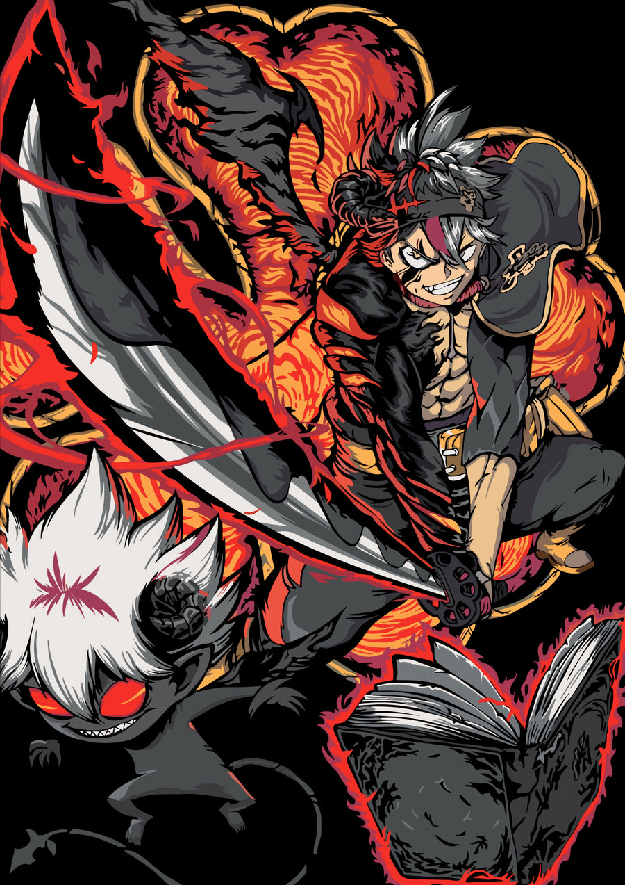 Asta – Demon Form - asta in demon form, sword raised, his grimoire open at his feet, on a metal wall art plate