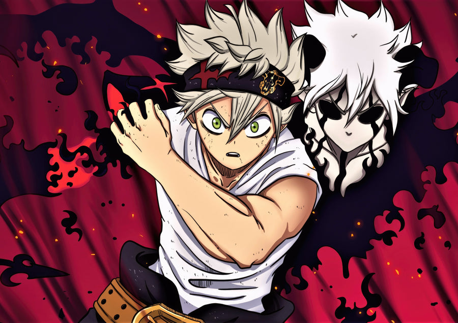 Asta – In Red - asta pulling on his demon mask against heavy red drapes, on a metal wall art plate