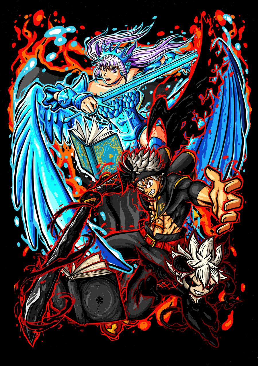 Asta – The Crowd - the Black Bulls drawn in one crowded poster, Asta's grimoire open in the middle, on a metal wall art plate