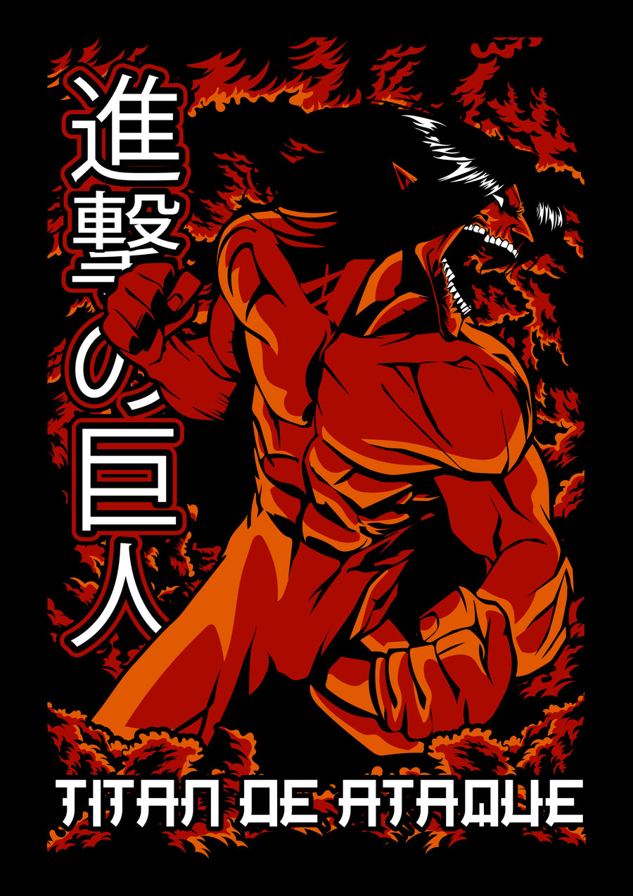 Attack Titan – Among the Titans - the Attack Titan mid-stride in red and black with the Japanese title behind, on a metal wall art plate