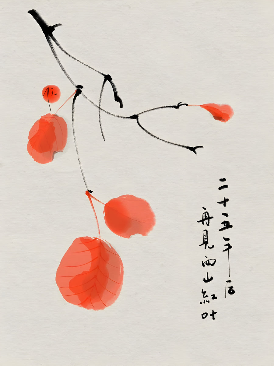 Autumn Ink Leaves - delicate black branches hold translucent red-orange leaves beside expressive calligraphic marks on a soft paper-toned background