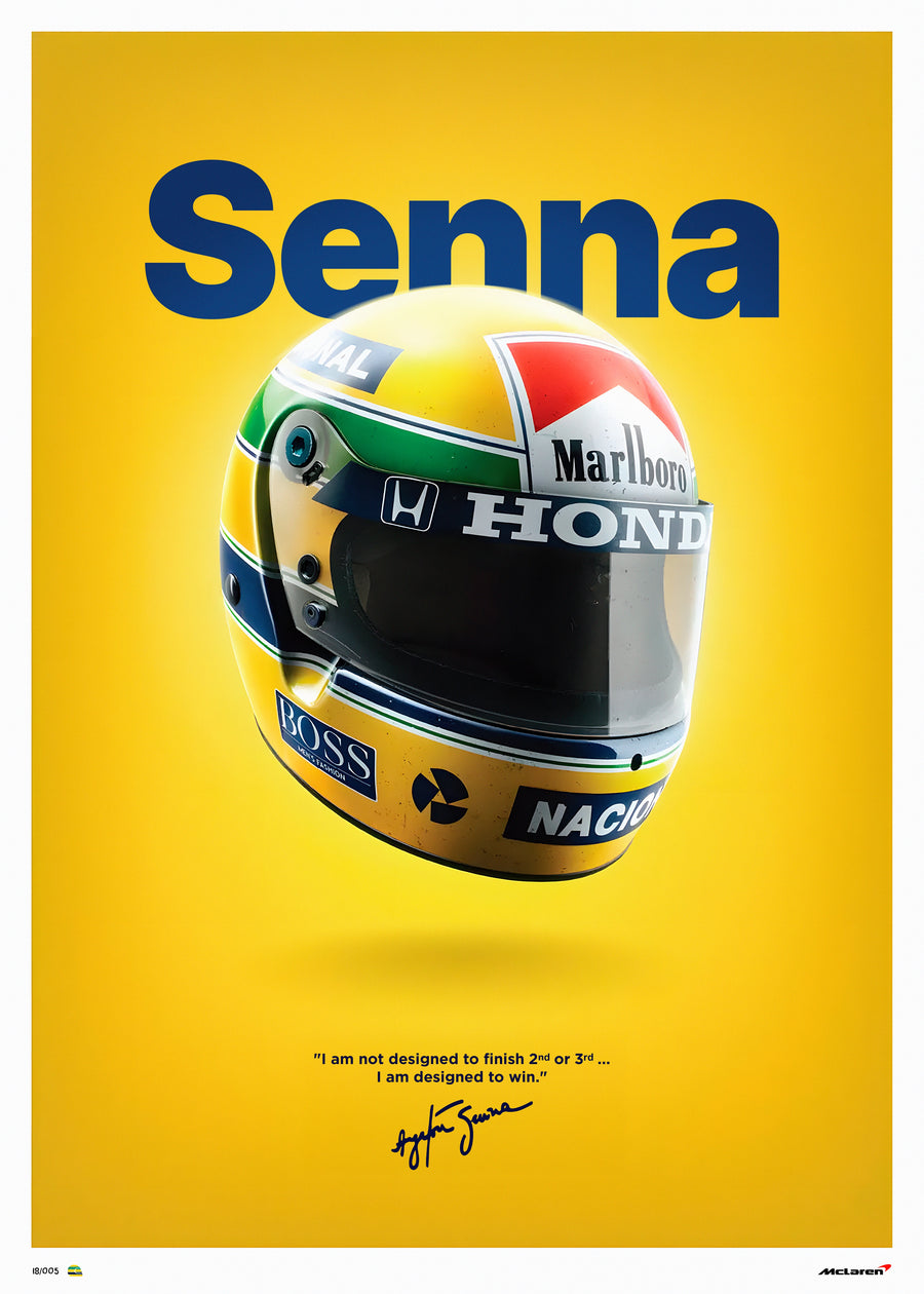 Ayrton Senna – Helmet Poster - senna's helmet floating on a field of race yellow, the green and blue stripes unmistakable, on a metal wall art plate