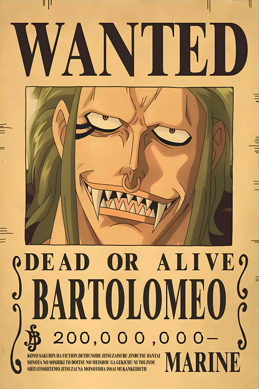 Bartolomeo – Bounty Poster - a bounty poster for Bartolomeo, 200,000,000 berries, dead or alive, on a metal wall art plate