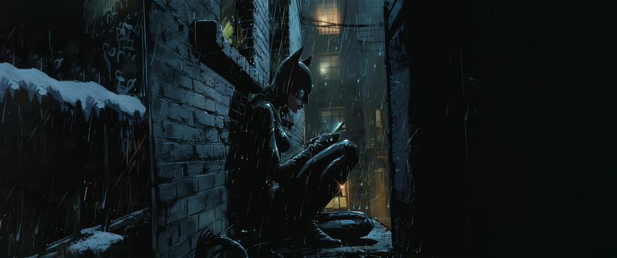 Batman – Snowy Alley - the cowl half lost in a snowbound alley, one light burning at the end of it, on a metal wall art plate