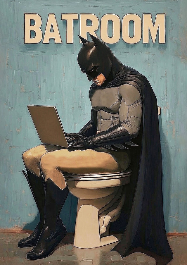 Batroom - the caped one on the toilet with a laptop on his knees, titled Batroom, on a metal wall art plate