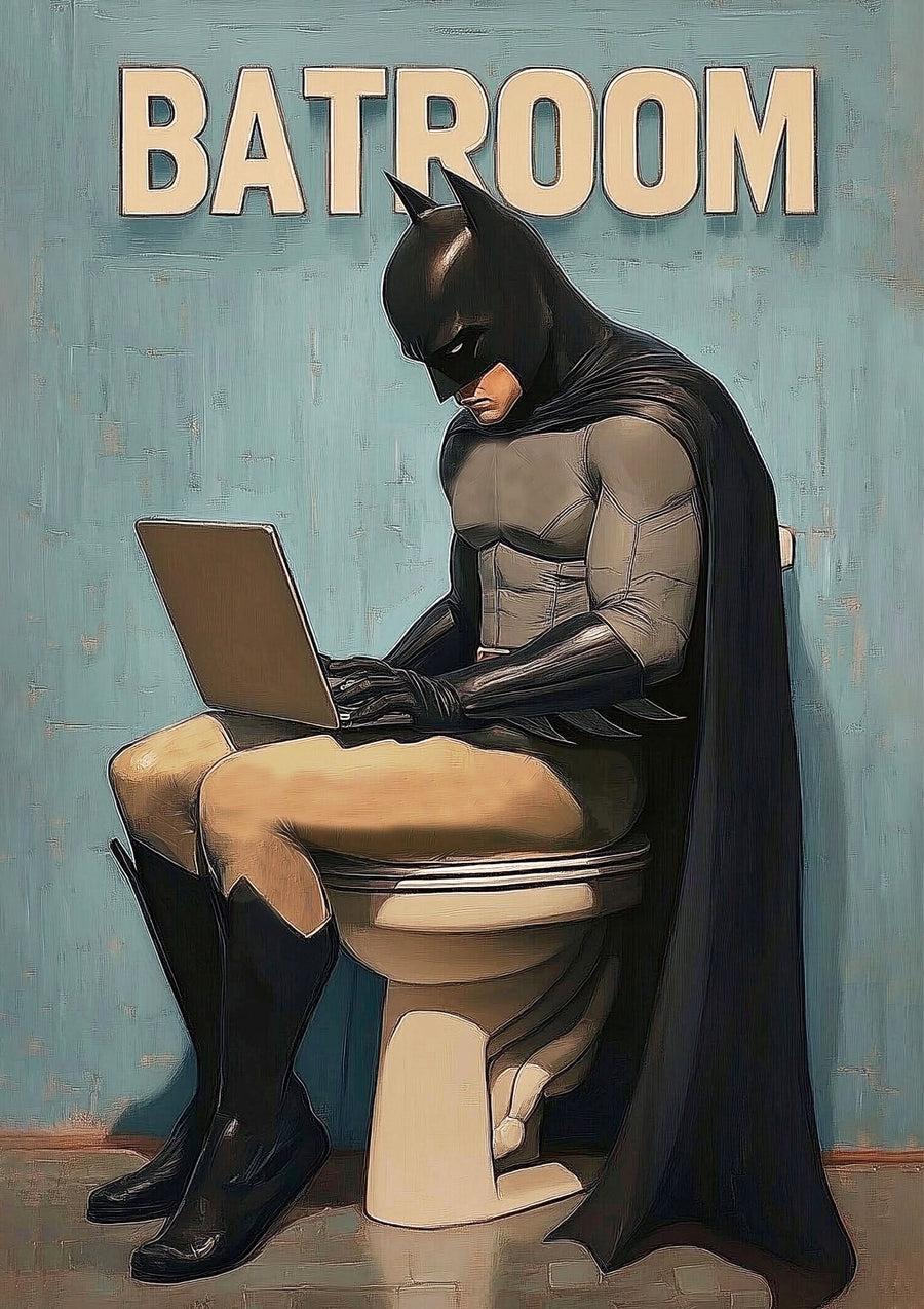 Batroom - the caped one on the toilet with a laptop on his knees, titled Batroom, on a metal wall art plate