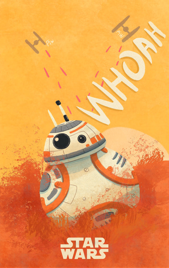 BB-8 – Whoah - the little droid on flat orange with the sound effect set behind it, on a metal wall art plate
