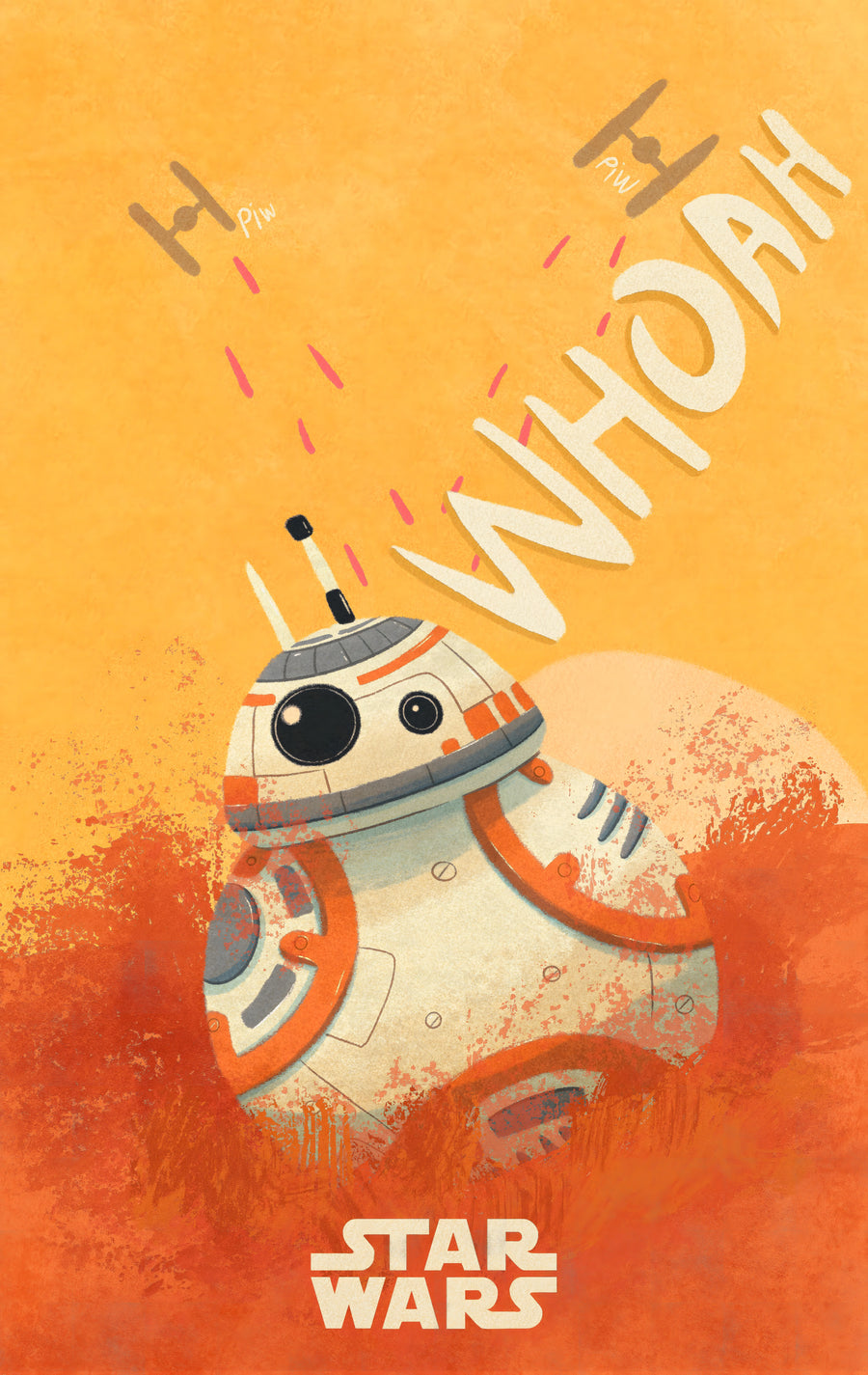 BB-8 – Whoah - the little droid on flat orange with the sound effect set behind it, on a metal wall art plate