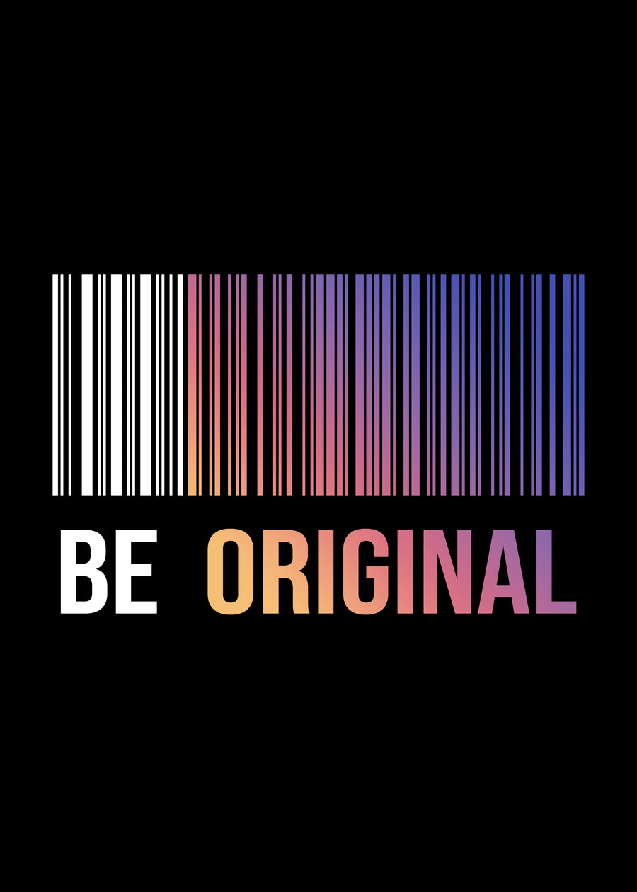 Be Original - “Be original” — a barcode running to colour where the word begins, white and colour on black, on a metal wall art plate