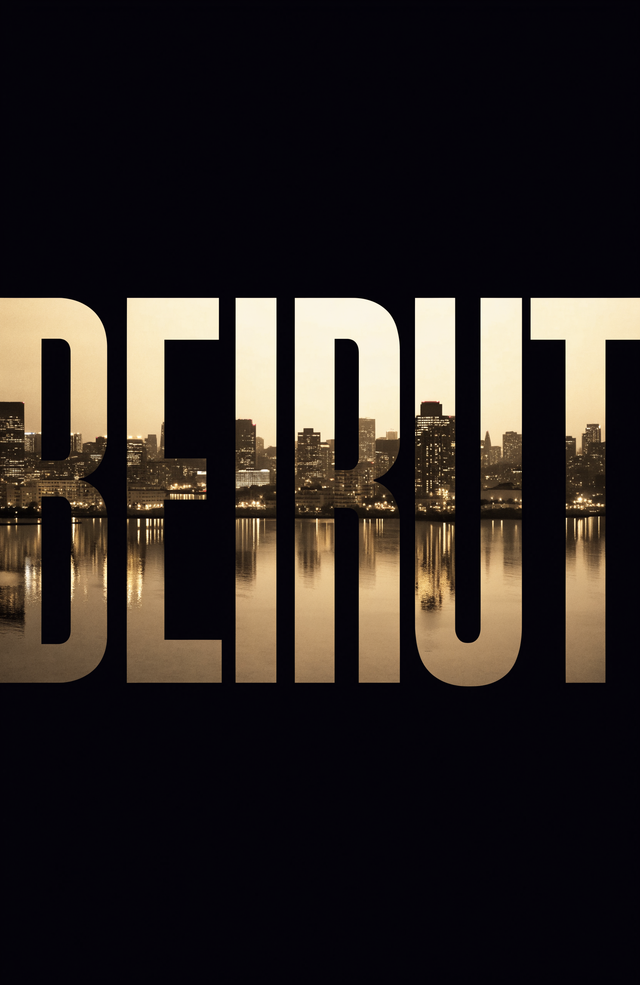 The name BEIRUT is cut from the night skyline, the city and the Mediterranean glowing through the letters