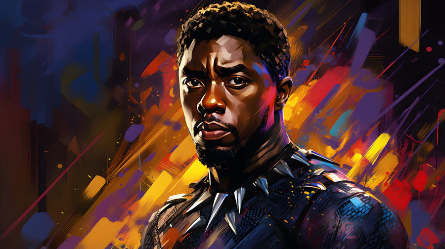 Black Panther – Colour Break - a portrait built from shards of orange, violet and blue, on a metal wall art plate