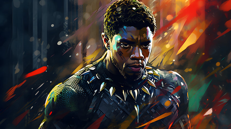 Black Panther – Night Colour - the suit catching red and blue light against a broken dark ground, on a metal wall art plate