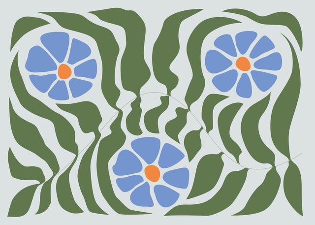 Blue Botanical Garden - soft blue flowers sit among flowing olive-green leaves on a pale background, on a metal wall art plate