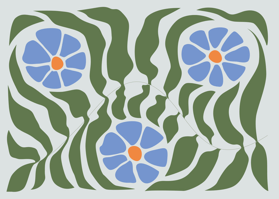 Blue Botanical Garden - soft blue flowers sit among flowing olive-green leaves on a pale background, on a metal wall art plate