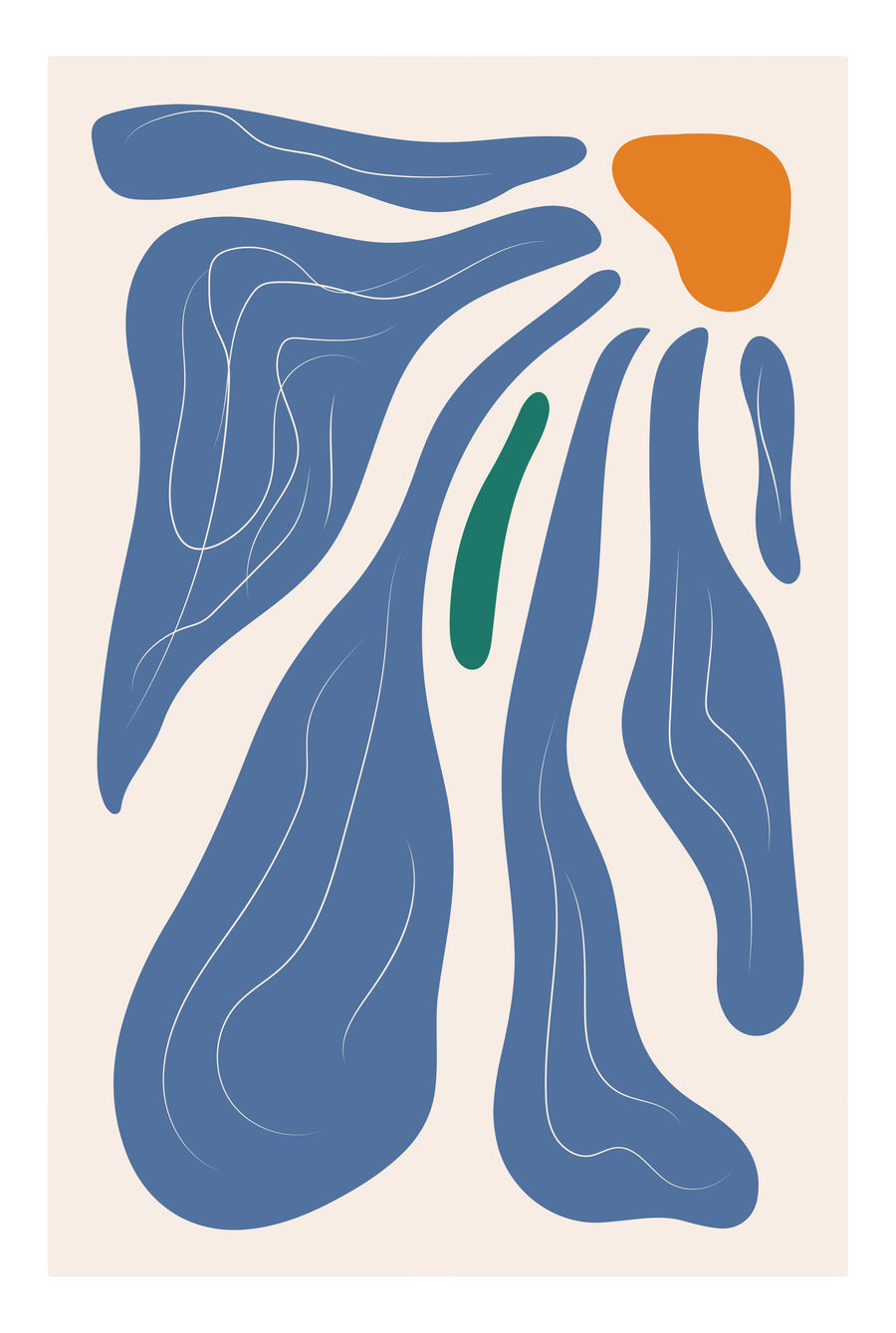 Blue Current - long blue forms sweep vertically across a warm neutral field, broken by small green and orange accents, on a metal wall art plate