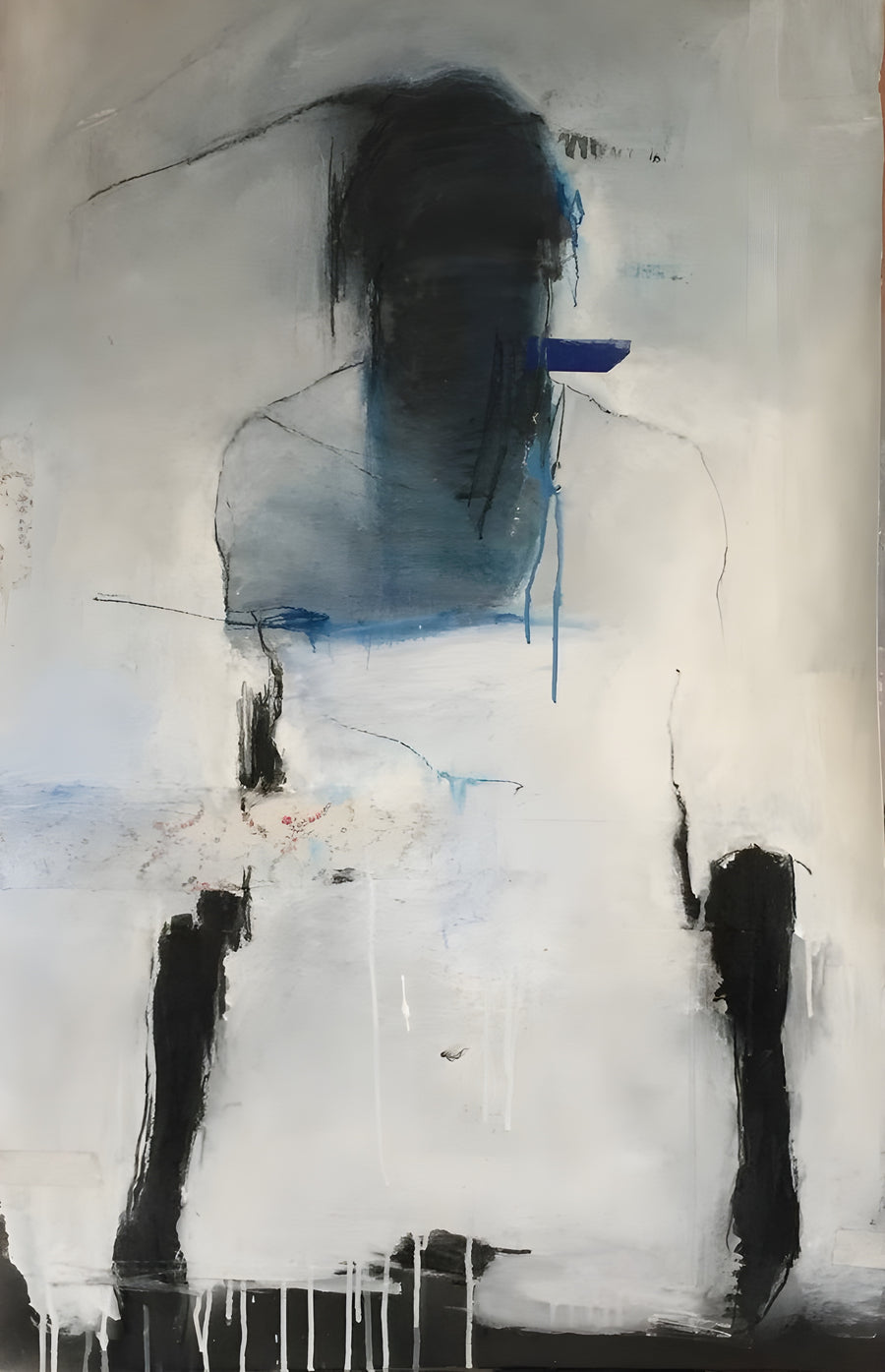 Blue Figure - a figure dissolving into a pale ground, marked with blue and finished with black drips, on a metal wall art plate