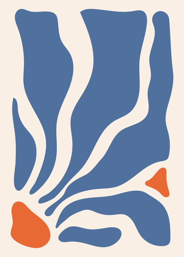 Blue Flame Bloom - deep blue shapes curve around a warm orange centre in a tall organic composition, on a metal wall art plate