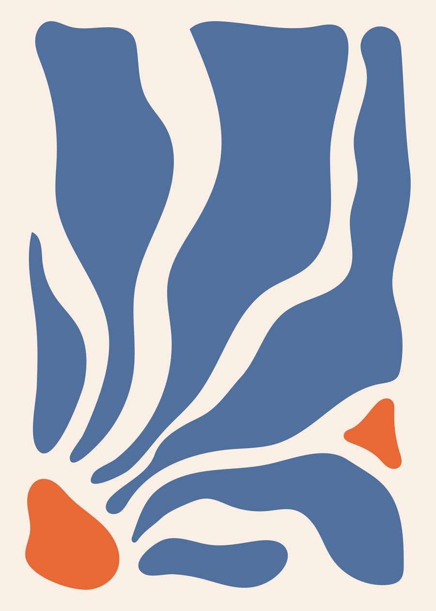 Blue Flame Bloom - deep blue shapes curve around a warm orange centre in a tall organic composition, on a metal wall art plate