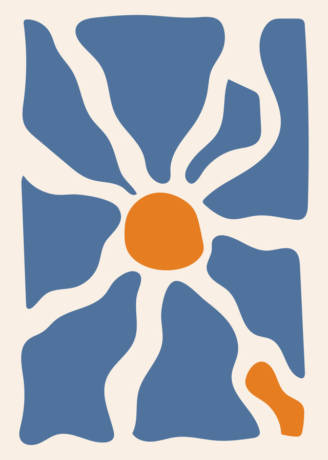 Blue Petal Burst - blue petal-like forms open around a warm orange centre on a cream ground, on a metal wall art plate