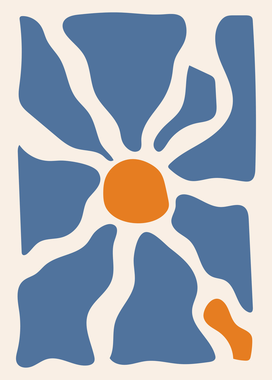 Blue Petal Burst - blue petal-like forms open around a warm orange centre on a cream ground, on a metal wall art plate