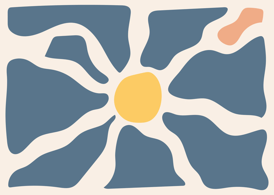 Blue Sunburst - soft blue shapes radiate from a warm golden centre across a cream background, on a metal wall art plate