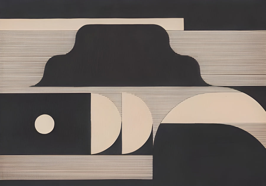 Blush Geometry - charcoal and blush geometry, arcs and bars stacked like a printed pattern, on a metal wall art plate
