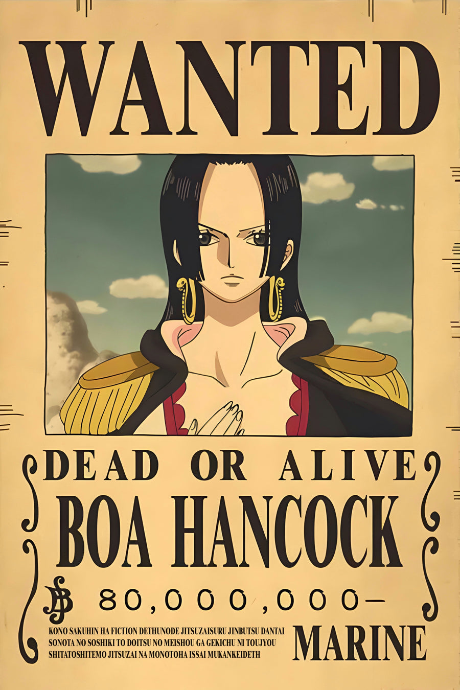 Boa Hancock – Bounty Poster - a bounty poster for Boa Hancock, 80,000,000 berries, dead or alive, on a metal wall art plate