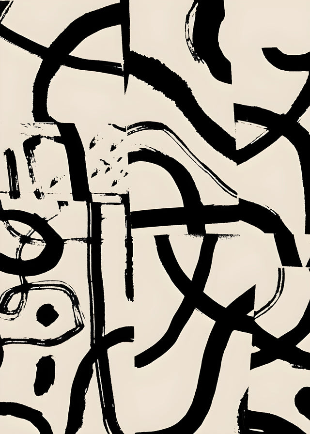 Bold Marks - broad black brush shapes tumbling across cream, part alphabet and part pattern, on a metal wall art plate