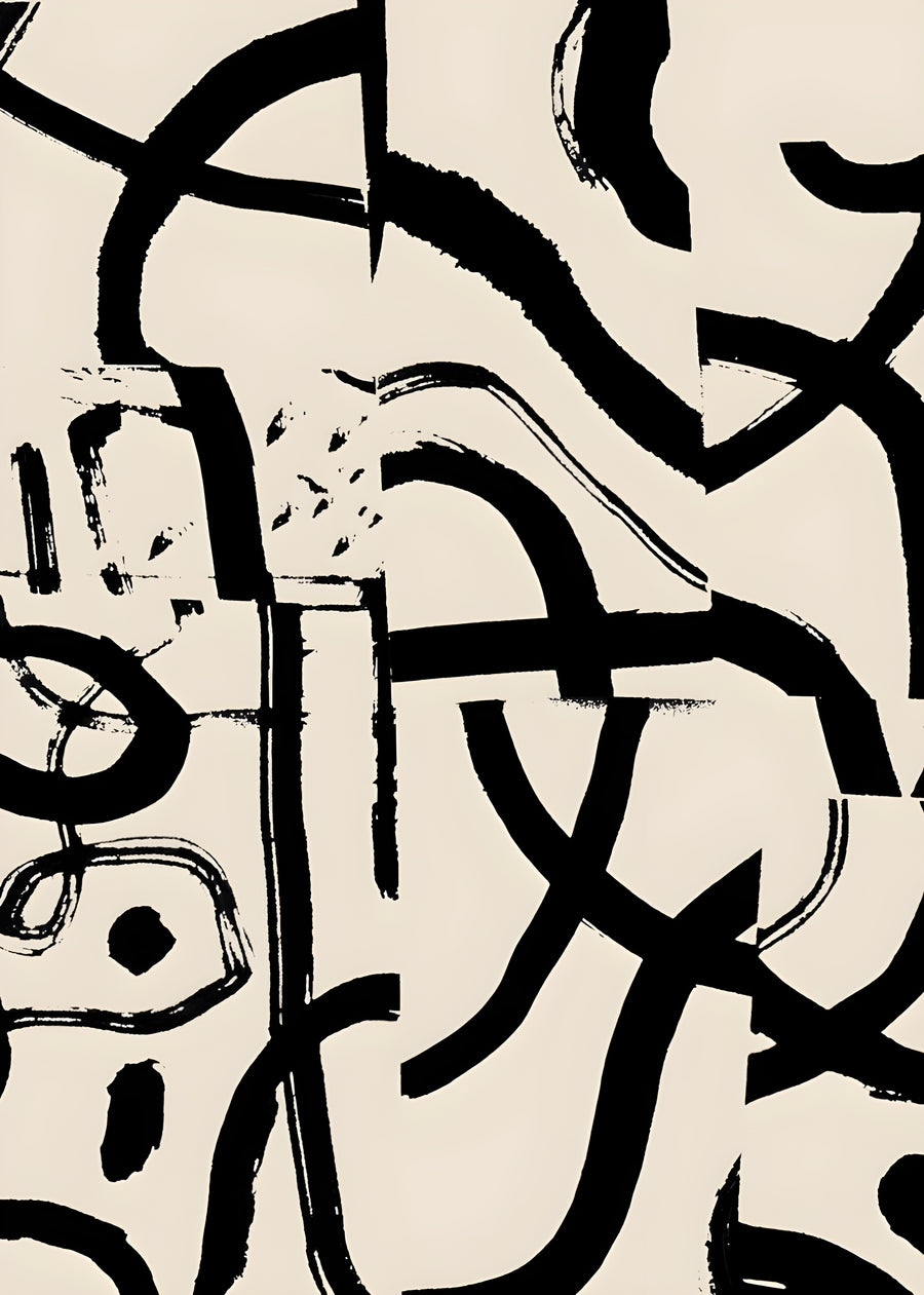 Bold Marks - broad black brush shapes tumbling across cream, part alphabet and part pattern, on a metal wall art plate