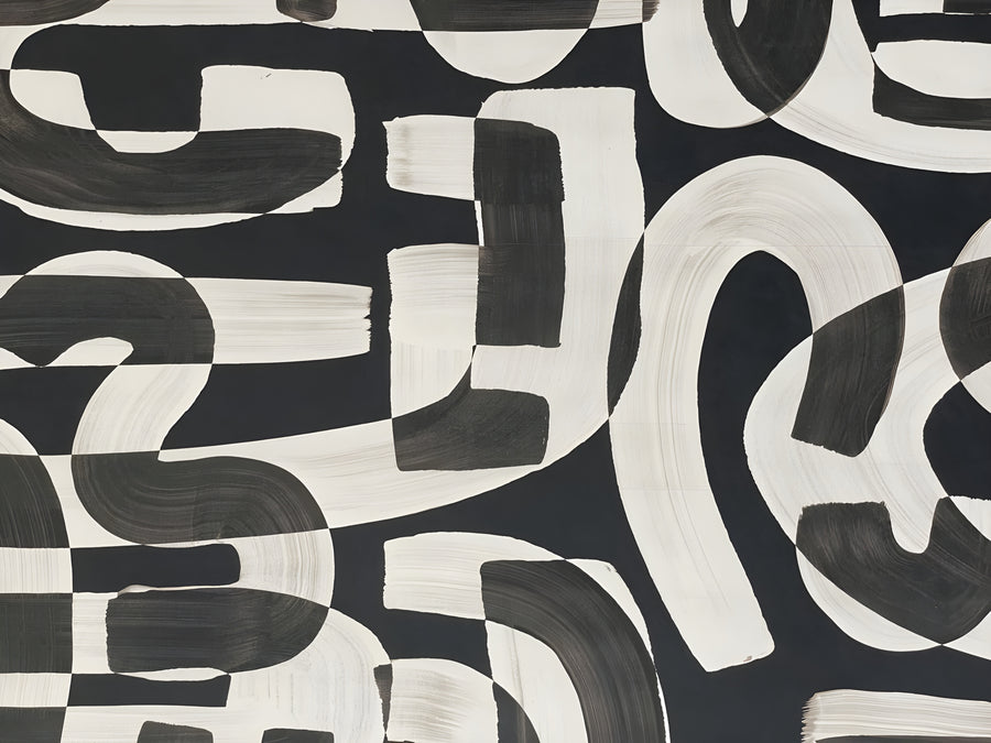 Bold Pattern - heavy black brush shapes and curves filling the frame, drawn freehand, on a metal wall art plate