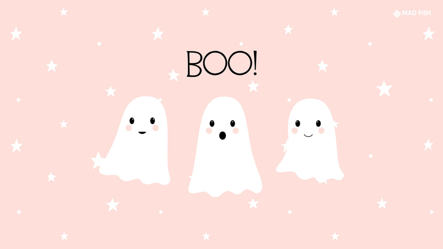 Boo! - three small ghosts on pale pink under a hand-lettered Boo, on a metal wall art plate