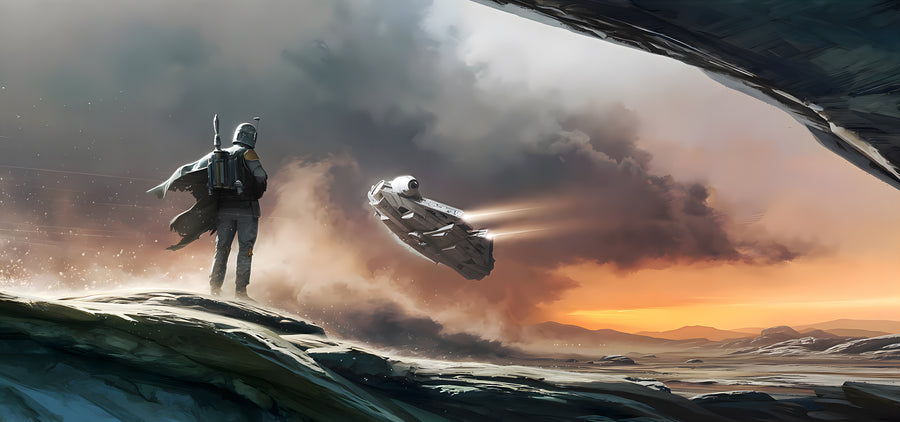 Bounty Hunter – Dust Plain - an armoured hunter walking a ridge with his ship idling behind, on a metal wall art plate