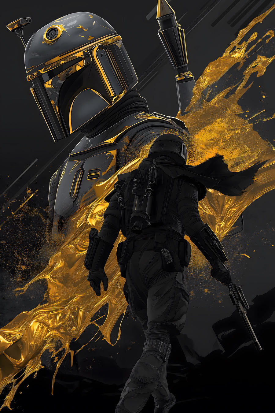 Bounty Hunter – Gold Splash - the hunter walking out of a spill of gold paint, on a metal wall art plate